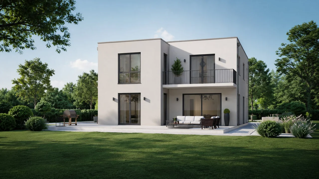 Modernes Bauhaus mit Flachdach und Garten von misterhausbau