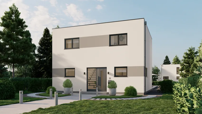 Bauhaus-Haus 126, Eingangsansicht des Massivhauses im Bauhaus-Stil
