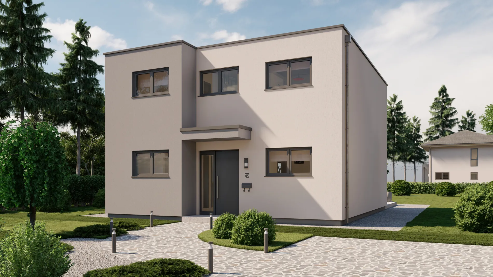 Bauhaus-Haus 144, Eingangsansicht des Massivhauses von misterhausbau in Berlin und Brandenburg