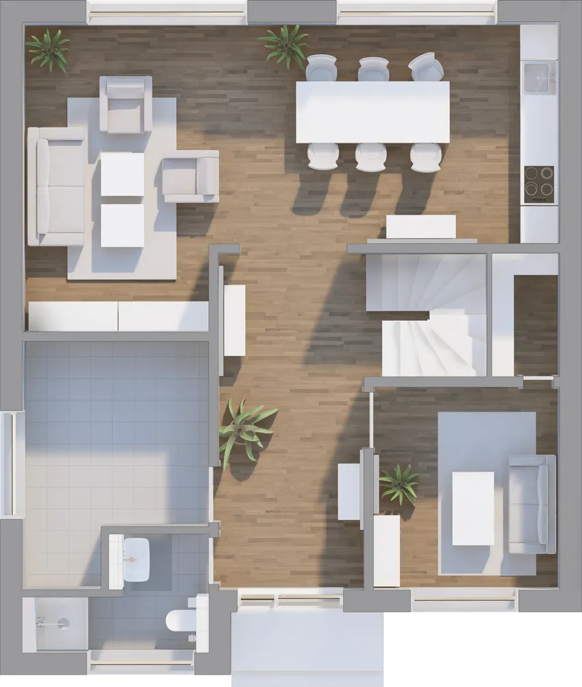 Grundriss Erdgeschoss Bauhaus-Haus 144 mit Raumaufteilung