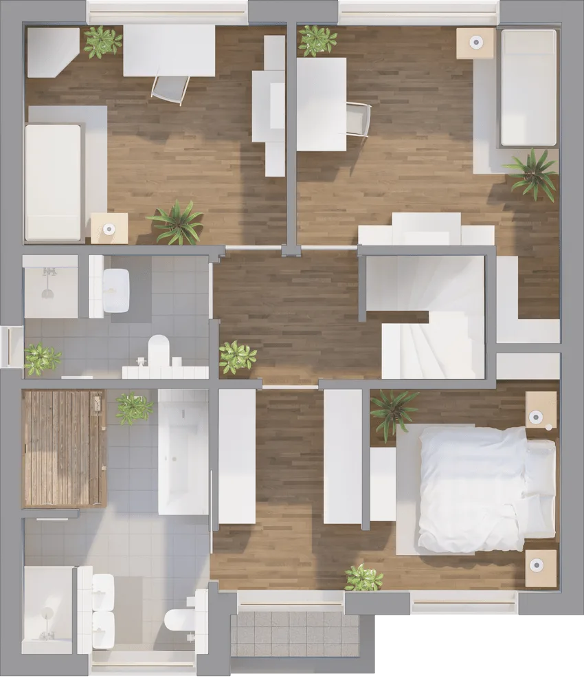 Grundriss Obergeschoss Bauhaus-Haus 144 mit Raumaufteilung