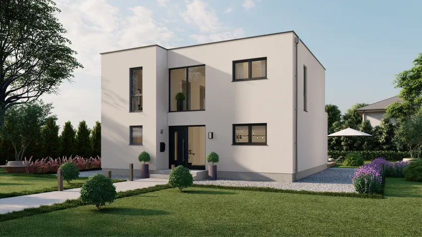 Bauhaus-Haus 157, Eingangsansicht des Massivhauses im Bauhaus-Stil