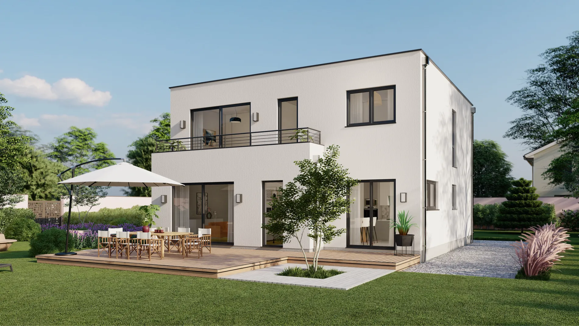 Bauhaus-Haus 157, Terrassenseite mit Garten