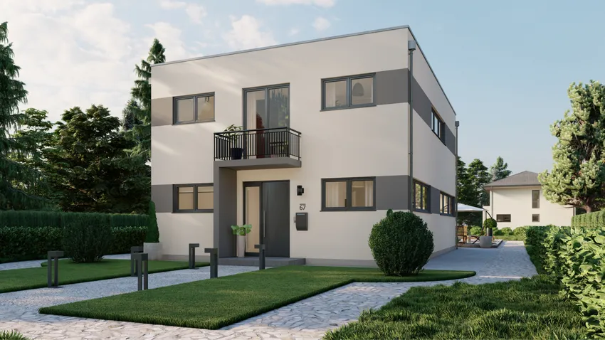 Bauhaus-Haus 176, Eingangsansicht des Massivhauses im Bauhaus-Stil
