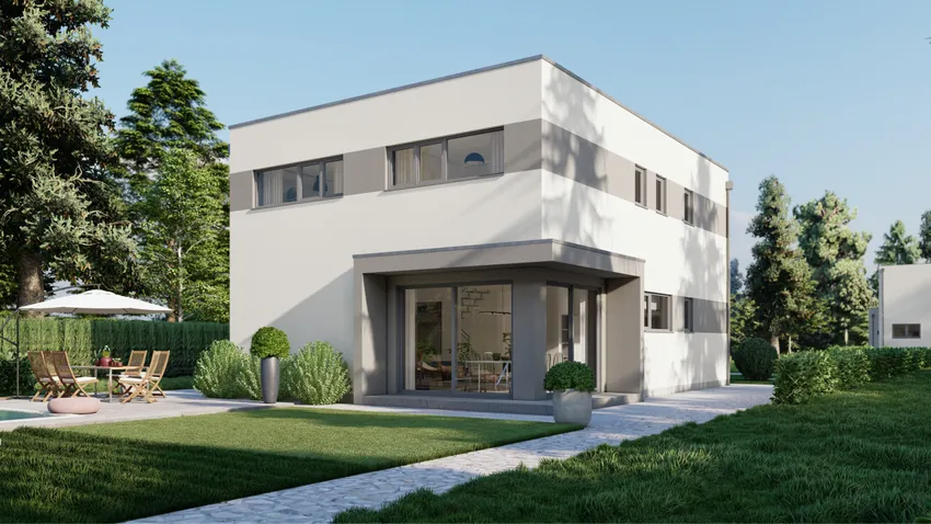 Bauhaus mit Flachdach und Terrasse, Entwurfs-Visualisierung