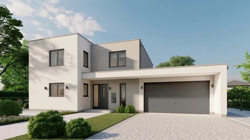 Bauhaus-Haus 184, Eingangsansicht des Massivhauses im Bauhaus-Stil