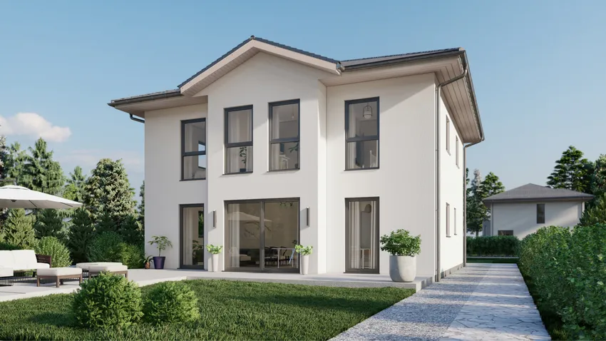 Stadtvilla mit Walmdach und Terrasse, Entwurfs-Visualisierung