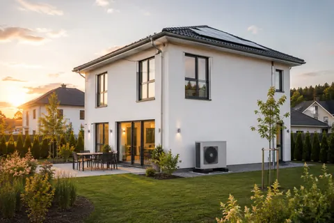 Modernes Einfamilienhaus mit Photovoltaik-Anlage und Luft-Wasser-Wärmepumpe im Abendlicht (KI-generierte Illustration)